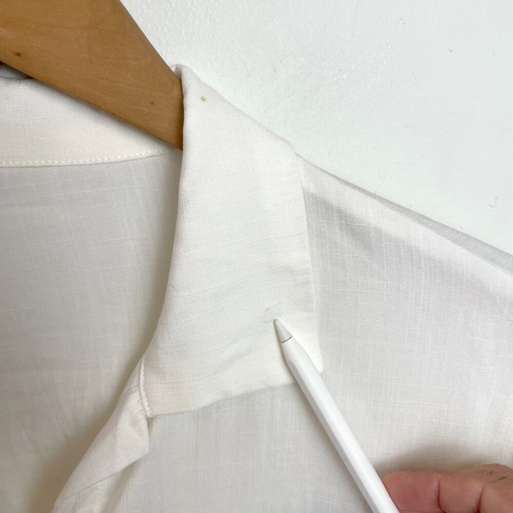 White Rayon Button Up Shirt Open Stitch Crochet Lace Boho Minimalist Flowy Boxy - Picture 5 of 7